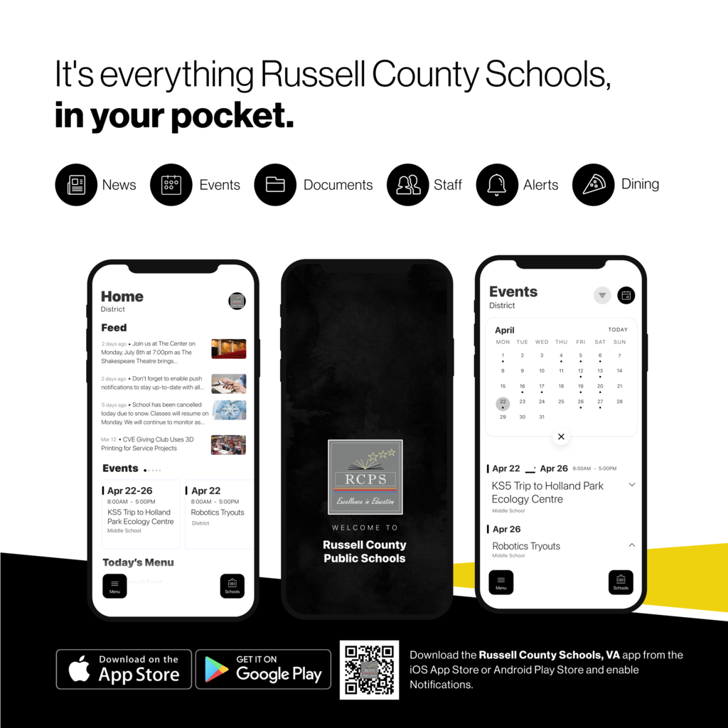 Flyer for Russell County Schools mobile app reading, "It's everything Russell County Schools, in your pocket."